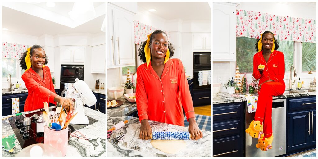 collage of a high school senior wearing pajamas decorating Christmas cookies