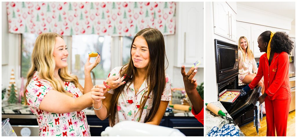 collage of a brunette high school senior wearing pajamas decorating Christmas cookies