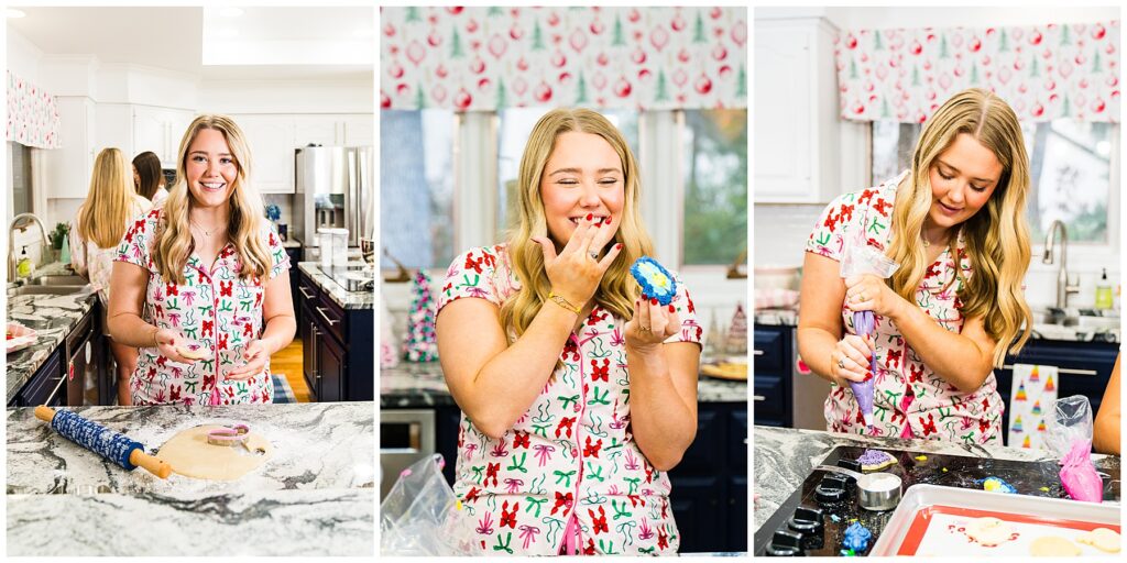 collage of a blonde high school senior wearing pajamas decorating Christmas cookies