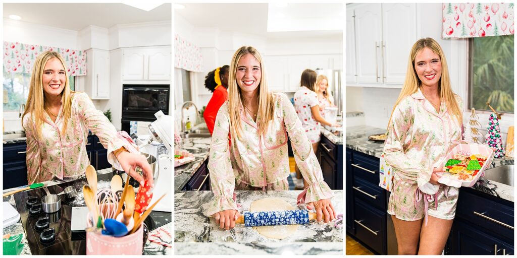 collage of a blonde high school senior wearing pajamas decorating Christmas cookies