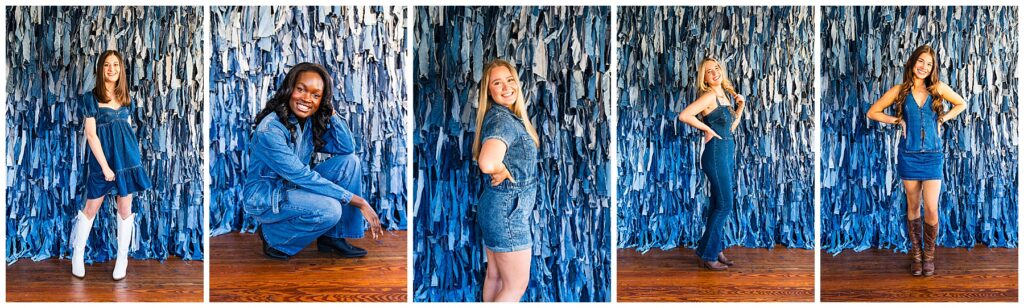 collage of high school senior girls wearing all denim posing in front of a denim fringe wall