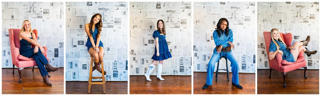 collage of high school senior girls wearing all denim posing in front of a newsprint backdrop