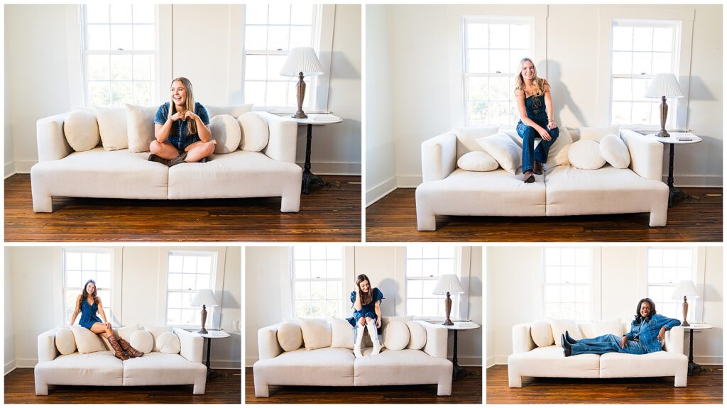 collage of high school senior girls dressed in all denim posing on a white couch