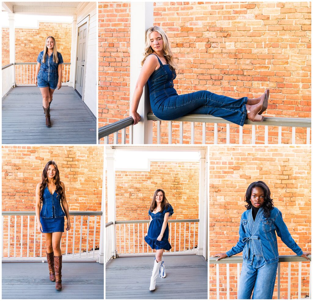 collage of high school senior girls wearing all denim posing on a porch with a brick wall in the background