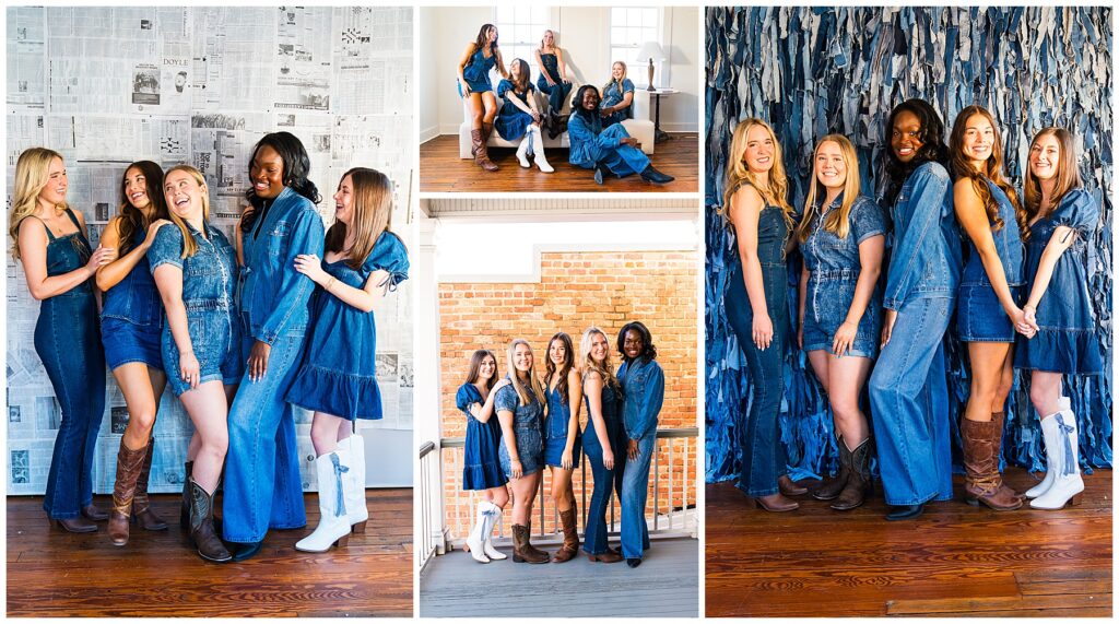 collage of a group of high school senior girls at an all denim photoshoot