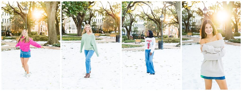 collage of high school senior girls having their photos taken in the snow in Savannah, Georgia