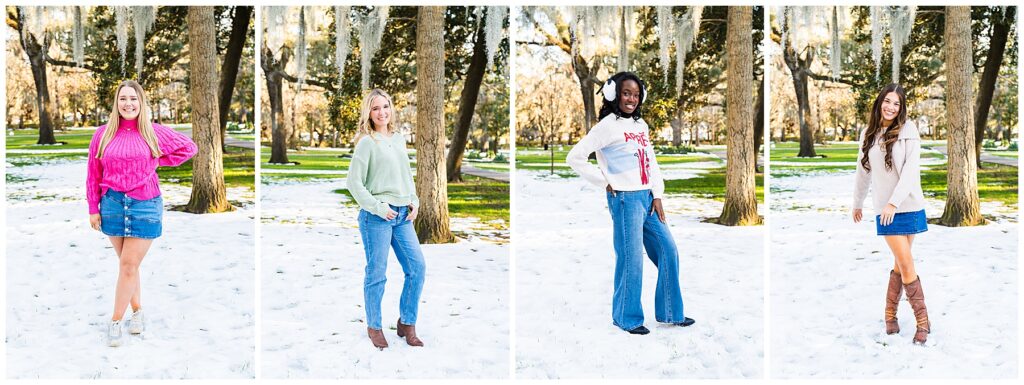 collage of high school senior girls having their photos taken in the snow in Savannah, Georgia