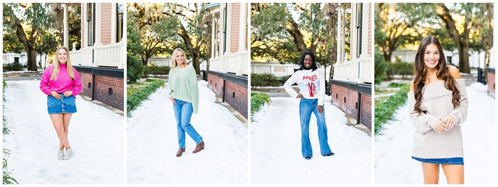 collage of high school senior girls having their photos taken in the snow in Savannah, Georgia