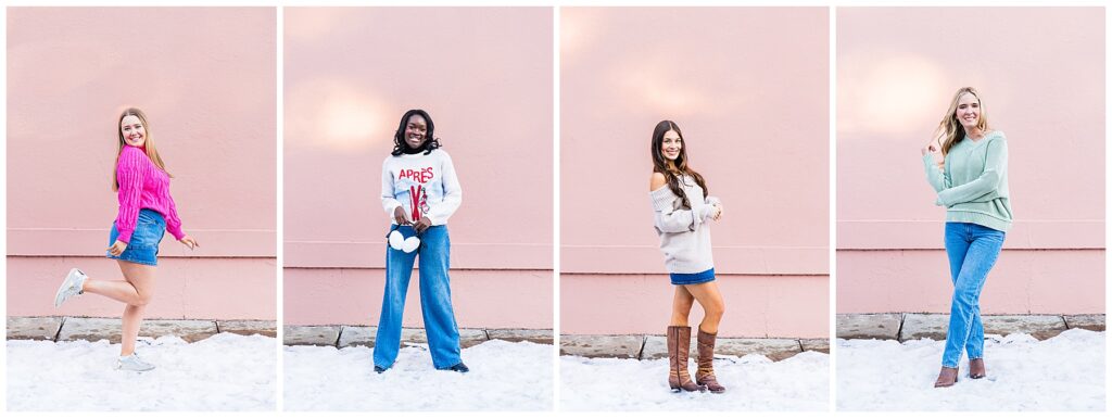 collage of high school senior girls having their photos taken in the snow in Savannah, Georgia