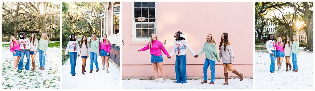 collage of high school senior girls having their photos taken in the snow in Savannah, Georgia