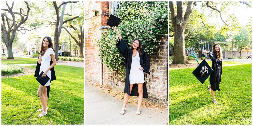 This collage features a joyful and stylish high school senior celebrating graduation in iconic Savannah scenery. Here's a breakdown of the three photos: Left Image: The senior stands gracefully on a lush, green lawn surrounded by tall oak trees draped in Spanish moss. She wears a short white dress paired with white block-heeled sandals and holds her black graduation gown and cap casually, slung over her shoulder. Her smile is relaxed and confident, capturing that pre-ceremony excitement. Middle Image: In front of a red brick wall covered in blooming jasmine, the senior wears her graduation gown open over her white dress. She stands with one hand on her hip and the other triumphantly raising her cap in the air, beaming with pride. The floral backdrop adds a soft, celebratory feel to the moment. Right Image: Back on the green lawn, she’s now wearing her full cap and gown. She tosses her graduation cap toward the camera, capturing the action mid-air. Her joyful, slightly playful expression and the bright, glowing light filtering through the trees create a sense of accomplishment and fun. The entire set radiates classic Savannah charm—natural light, historic textures, and blooming greenery—perfectly framing the senior’s radiant energy and milestone moment.