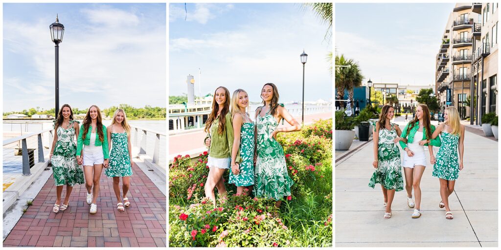 This collage captures a vibrant and joyful trio of high school seniors enjoying a sunny day in Savannah. All three young women are dressed in coordinating green and white outfits with floral or fresh, summery patterns, perfectly suited for senior portraits or best-friend sessions. Left Image: The three friends are walking confidently down a brick-paved pier by the water, hand-in-hand and smiling. A black lamppost and the calm river create a serene and classic Savannah backdrop. Center Image: The trio poses closely in a blooming flower bed with a historic paddleboat and river behind them. Each girl stands out with her unique look, but their outfits tie the group together beautifully. They radiate a cheerful and natural energy. Right Image: They walk arm-in-arm down a modern urban street lined with palm trees and stylish buildings. The scene feels youthful and upbeat—like a girls’ day out—while still polished and intentional for a photoshoot. The entire collage blends iconic Savannah charm (brick paths, river views, blooming flowers) with a playful, fashion-forward spirit—making it ideal for showcasing friendship, personality, and a memorable senior year.