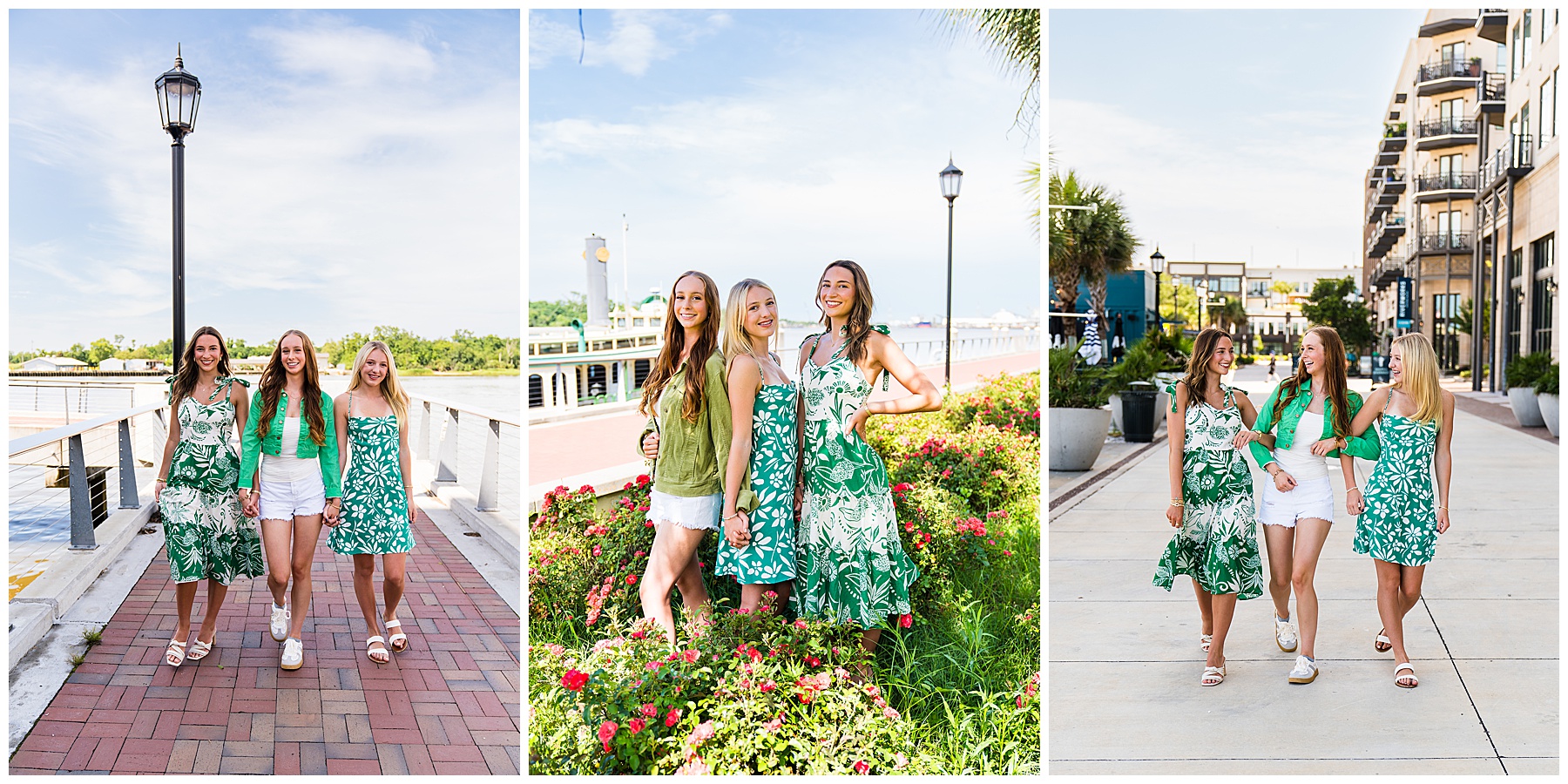 This collage captures a vibrant and joyful trio of high school seniors enjoying a sunny day in Savannah. All three young women are dressed in coordinating green and white outfits with floral or fresh, summery patterns, perfectly suited for senior portraits or best-friend sessions. Left Image: The three friends are walking confidently down a brick-paved pier by the water, hand-in-hand and smiling. A black lamppost and the calm river create a serene and classic Savannah backdrop. Center Image: The trio poses closely in a blooming flower bed with a historic paddleboat and river behind them. Each girl stands out with her unique look, but their outfits tie the group together beautifully. They radiate a cheerful and natural energy. Right Image: They walk arm-in-arm down a modern urban street lined with palm trees and stylish buildings. The scene feels youthful and upbeat—like a girls’ day out—while still polished and intentional for a photoshoot. The entire collage blends iconic Savannah charm (brick paths, river views, blooming flowers) with a playful, fashion-forward spirit—making it ideal for showcasing friendship, personality, and a memorable senior year.