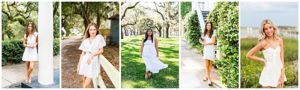 This image collage features five high school senior girls, each posing outdoors in different iconic Savannah locations, all styled in white dresses—a classic and symbolic choice often used for graduation portraits or spring/summer senior sessions. Here’s a breakdown of each look and setting from left to right: 📍1st Girl (Far Left): Outfit: A fitted, smocked white mini dress with flutter sleeves and a tiered skirt, paired with wedge sandals. Setting: Standing against a white column, with mossy oaks and lush greenery in the background—classic Southern charm. Vibe: Polished and playful, blending feminine details with a trendy silhouette. 📍2nd Girl: Outfit: A white eyelet set with a cropped flutter-sleeve top and matching skirt featuring cutout details. Setting: Leaning on a white fence under Spanish moss in a soft, shaded residential area. Vibe: Modern Southern belle with a little edge—eyelet fabrics and cutouts are both trending in 2025. 📍3rd Girl (Center): Outfit: A flowing, boho-inspired white maxi dress with wide straps and a ruffled hem. Setting: Walking through a live oak-lined park with dappled light on the grass—quintessential Savannah. Vibe: Effortless and natural, evoking movement and confidence. 📍4th Girl: Outfit: A simple, elegant wrap-style white dress with cap sleeves and a flutter hem, paired with platform sandals. Setting: Framed by lush greenery and a staircase, possibly in an old Savannah courtyard. Vibe: Fresh, confident, and timeless—perfectly highlighting her natural beauty. 📍5th Girl (Far Right): Outfit: A strapless, textured white mini dress with a large front tie detail. Setting: Posing in front of marshland with wildflowers and a coastal dock behind her. Vibe: Coastal and carefree—this look is youthful, trendy, and ideal for senior photos near the water. Overall Impression: This set beautifully showcases how versatile a white dress can be for senior portraits—each girl's look reflects her personality, while the varied Savannah backdrops add richness, authenticity, and Southern elegance to the session.