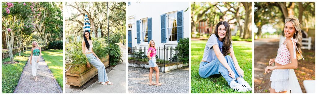 This image collage features five senior girls styled in casual, trendy summer outfits, each posing in different scenic Savannah locations. The overall vibe is playful, relaxed, and youthful—perfectly capturing personality-driven senior portraits. Here’s a breakdown from left to right: 🌿 1st Girl: Outfit: Green and blue floral halter crop top paired with white wide-leg pants and white sandals. Setting: Walking down a pathway shaded by blooming crepe myrtles and draped oak trees—a dreamy Southern garden setting. Vibe: Effortlessly chic and vibrant; the halter top and wide-leg combo are on-trend and great for movement in photos. ☕ 2nd Girl: Outfit: Smocked plaid top with spaghetti straps and high-waisted light-wash jeans, plus slip-on sandals. Setting: Sitting casually on a planter box with striped umbrellas and Spanish moss in the background—very relaxed café or park ambiance. Vibe: Quietly trendy with a vintage nod. The mix of soft plaid and relaxed denim is both cool and classic. 🏛️ 3rd Girl: Outfit: Hot pink ruffled top with puff sleeves, tucked into high-rise, distressed denim shorts, and flat sandals. Setting: In front of a beautiful historic white home with blue shutters and wrought iron fencing. Vibe: Bold and bright—her outfit pops against the neutral background, and the silhouette feels both timeless and Gen Z-approved. 🌳 4th Girl: Outfit: Cropped graphic tee with high-waisted, loose-fitting jeans and white sneakers. Setting: Sitting on the grass in a shaded park with oak trees and brick buildings in the distance. Vibe: Classic “cool girl” look—laid-back, sporty, and very current. This relaxed styling is a go-to for natural, candid portraits. 🐚 5th Girl: Outfit: Light pink floral crop top with bow-tie straps, paired with white lace-trimmed shorts. Setting: Leaning on a white fence along a sun-dappled country lane or coastal road. Vibe: Sweet and summery with a touch of boho. The bow straps and floral print are soft, romantic, and trendy without being overdone.