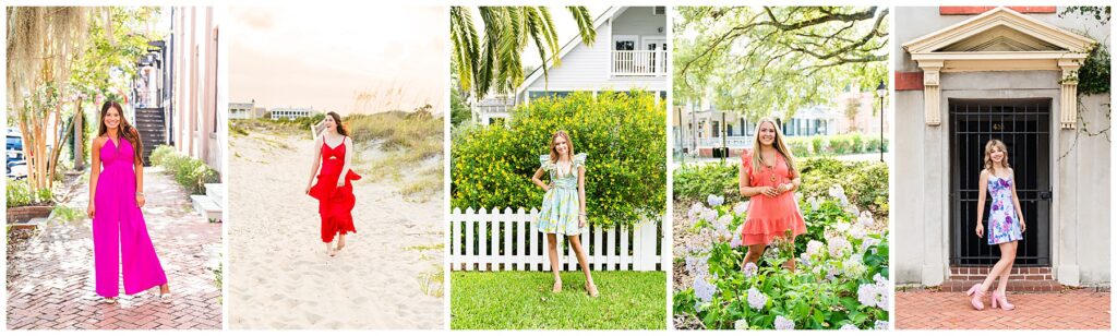This image collage showcases five senior girls, each wearing a colorful and expressive outfit in a unique outdoor location. The overall tone is bold, joyful, and confident—perfect for celebrating individuality and personality through senior portraits. Here’s a breakdown from left to right: 💖 1st Girl (Hot Pink Jumpsuit): Outfit: A bold, wide-leg hot pink halter jumpsuit paired with sandals. Setting: Brick sidewalk beneath moss-draped trees and blooming crepe myrtles in a charming Savannah street scene. Vibe: Chic and vibrant—this monochromatic look feels modern, eye-catching, and totally on-trend for senior portraits. ❤️ 2nd Girl (Red Maxi Dress): Outfit: A flowy, strappy red maxi dress with a cutout at the waist. Setting: Walking barefoot along the beach at golden hour, with sea oats and beach houses in the background. Vibe: Dramatic and romantic—the movement of the dress in the ocean breeze brings energy and elegance to this coastal look. 🌼 3rd Girl (Puff Sleeve Floral Dress): Outfit: A pastel floral mini dress with puff sleeves and a fitted waist. Setting: Standing in front of a white picket fence and bright yellow flowering bush with a coastal home nearby. Vibe: Sweet and vintage-inspired—this look channels soft-girl, garden-party energy with playful color and charm. 🍑 4th Girl (Coral Ruffle Dress): Outfit: A short coral dress with ruffled sleeves and a tiered skirt, accessorized with a long necklace. Setting: Posing among lush hydrangeas and oak trees in a residential garden setting. Vibe: Feminine and fresh—this outfit blends Southern charm with a modern silhouette, perfect for a garden-inspired shoot. 🎨 5th Girl (Floral Mini Dress + Pink Heels): Outfit: A fitted floral spaghetti strap mini dress paired with bubblegum pink platform heels. Setting: Posed in front of a historic doorway with architectural detail and ironwork—urban and classic. Vibe: Bold and fashion-forward—her outfit pops with confidence and a little retro flair, giving her look personality and edge. This collage is a beautiful example of how color and location can work together to amplify each senior’s personality. Let me know if you’d like a trend breakdown for these outfits too!