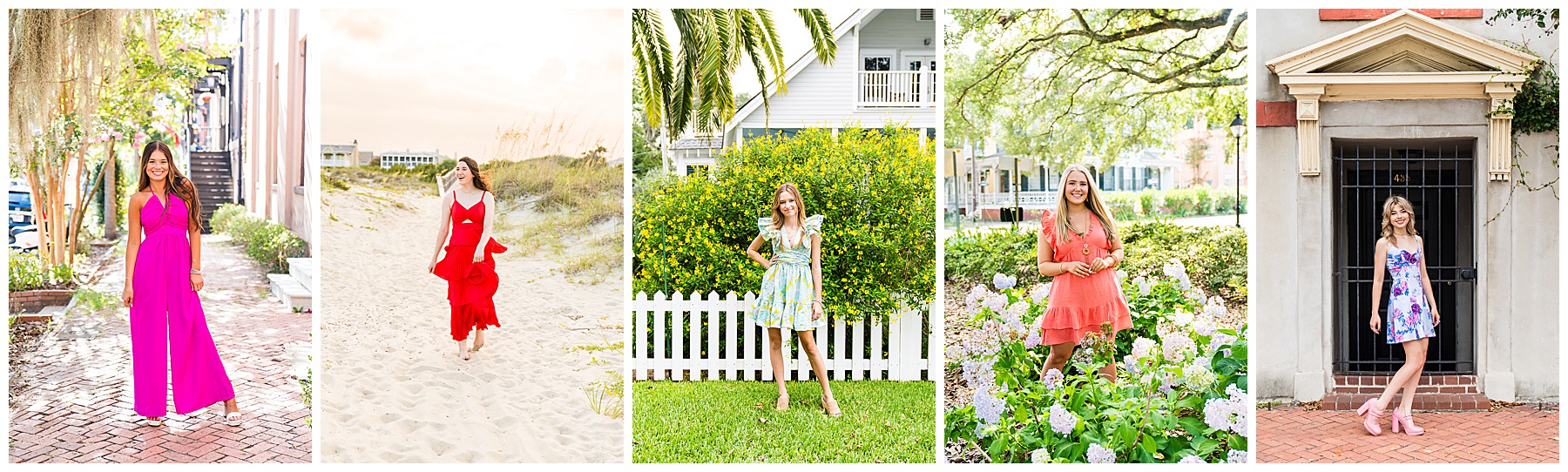 This image collage showcases five senior girls, each wearing a colorful and expressive outfit in a unique outdoor location. The overall tone is bold, joyful, and confident—perfect for celebrating individuality and personality through senior portraits. Here’s a breakdown from left to right: 💖 1st Girl (Hot Pink Jumpsuit): Outfit: A bold, wide-leg hot pink halter jumpsuit paired with sandals. Setting: Brick sidewalk beneath moss-draped trees and blooming crepe myrtles in a charming Savannah street scene. Vibe: Chic and vibrant—this monochromatic look feels modern, eye-catching, and totally on-trend for senior portraits. ❤️ 2nd Girl (Red Maxi Dress): Outfit: A flowy, strappy red maxi dress with a cutout at the waist. Setting: Walking barefoot along the beach at golden hour, with sea oats and beach houses in the background. Vibe: Dramatic and romantic—the movement of the dress in the ocean breeze brings energy and elegance to this coastal look. 🌼 3rd Girl (Puff Sleeve Floral Dress): Outfit: A pastel floral mini dress with puff sleeves and a fitted waist. Setting: Standing in front of a white picket fence and bright yellow flowering bush with a coastal home nearby. Vibe: Sweet and vintage-inspired—this look channels soft-girl, garden-party energy with playful color and charm. 🍑 4th Girl (Coral Ruffle Dress): Outfit: A short coral dress with ruffled sleeves and a tiered skirt, accessorized with a long necklace. Setting: Posing among lush hydrangeas and oak trees in a residential garden setting. Vibe: Feminine and fresh—this outfit blends Southern charm with a modern silhouette, perfect for a garden-inspired shoot. 🎨 5th Girl (Floral Mini Dress + Pink Heels): Outfit: A fitted floral spaghetti strap mini dress paired with bubblegum pink platform heels. Setting: Posed in front of a historic doorway with architectural detail and ironwork—urban and classic. Vibe: Bold and fashion-forward—her outfit pops with confidence and a little retro flair, giving her look personality and edge. This collage is a beautiful example of how color and location can work together to amplify each senior’s personality. Let me know if you’d like a trend breakdown for these outfits too!