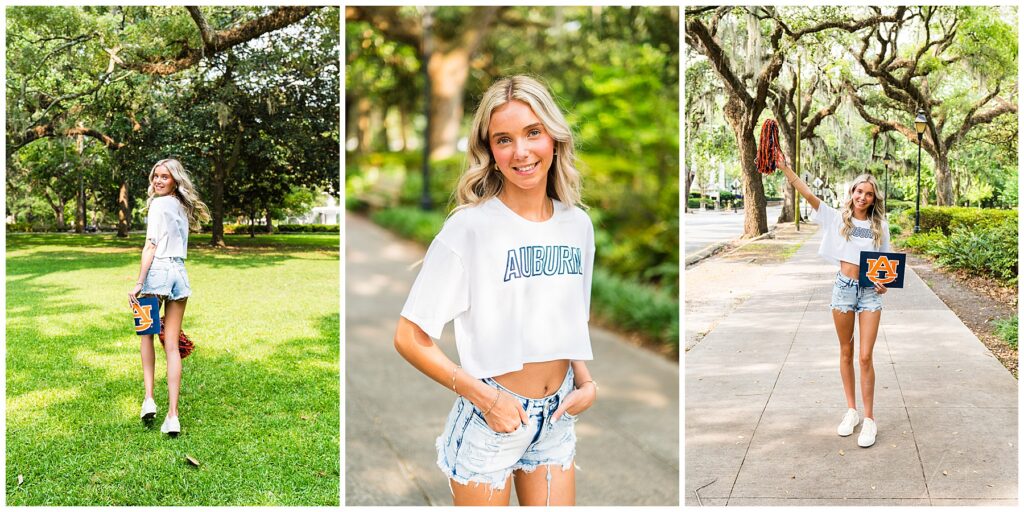 This image collage features three playful, celebratory shots of a high school senior showing off her Auburn University pride:

Left Image:
The senior is walking away from the camera across a wide expanse of green lawn but turns to smile over her shoulder. She holds an Auburn pennant and orange-and-blue pom-poms in one hand. Her blonde hair flows behind her, and she’s wearing a cropped white Auburn tee with light-wash distressed denim shorts and white platform sneakers.
Center Image:
A close-up portrait on a shaded path surrounded by greenery. She’s facing the camera with a relaxed, confident smile and both hands tucked into her front pockets. The Auburn logo is clearly visible on her cropped T-shirt, and her beachy waves and natural makeup keep the look fresh and fun.
Right Image:
Standing in the center of a picturesque sidewalk lined with large live oak trees, she raises a pom-pom in one hand and proudly holds an Auburn folder in the other. Her stance is celebratory, and the location’s lush greenery and iconic mossy trees frame her perfectly.
The overall mood across the three images is joyful, confident, and ready-for-what’s-next. Let me know if you'd like a version of this with outfit or trend notes!