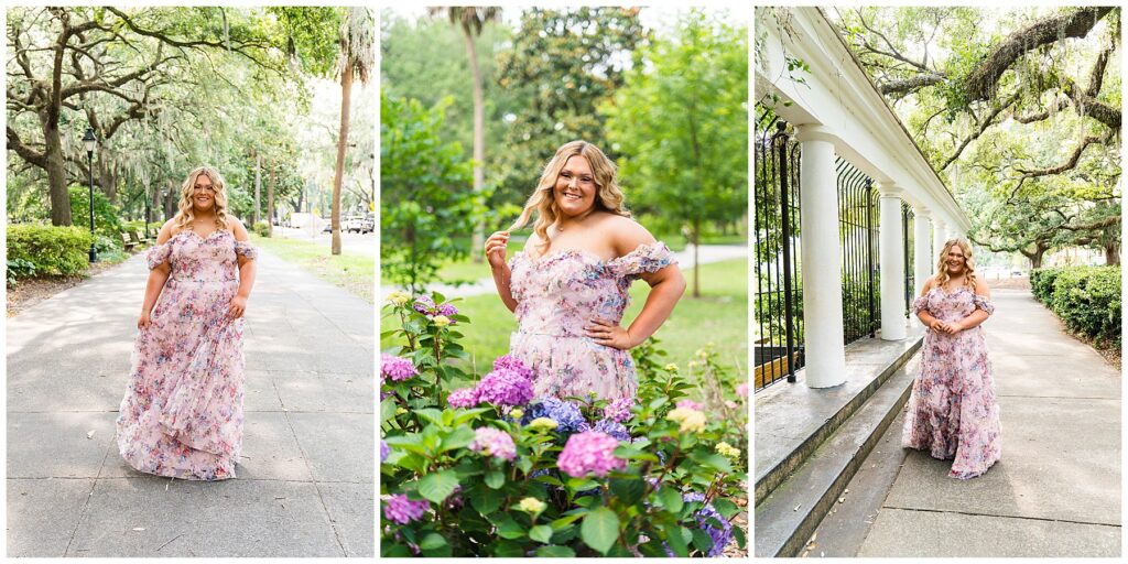 This collage showcases three stunning senior portraits of a young woman in a soft, romantic garden setting:

Left Image:
She walks confidently down a shaded pathway lined with historic oak trees draped in Spanish moss. Her floral off-the-shoulder gown flows gently around her, and she smiles warmly at the camera. The movement in her dress and the dappled light through the trees give the image a dreamy, elegant feel.
Center Image:
A mid-length portrait framed by vibrant hydrangea blooms in purple, pink, and blue. She poses with one hand on her hip and the other playing with her hair, showcasing both the intricate floral texture of her dress and her relaxed confidence. The greenery and flowers around her complement the colors of her gown perfectly.
Right Image:
She strolls along a paved path beside a row of white columns and wrought-iron fencing, surrounded by lush landscaping and mossy oaks overhead. The soft light filtering through the trees casts a gentle glow on her and highlights the detail in her dress.
These images beautifully combine natural elegance, floral themes, and classic Southern charm.