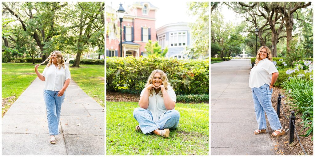 This image collage captures a senior in a relaxed, casual look during a cheerful and personality-filled photoshoot in a lush park setting:

Left Image:
The senior walks along a paved path under a canopy of mature oak trees, smiling off to the side and playfully holding a lock of her hair. She wears a short-sleeved white button-up blouse tucked slightly into light blue jeans embellished with tiny white floral or pearl details. Her white platform sandals complete the breezy, confident vibe.
Center Image:
Sitting cross-legged on the grass in front of classic Savannah architecture, she rests her chin on her hands and beams at the camera. The buildings in the background — one brick, one painted pastel — add a touch of historic charm. Her relaxed pose and genuine smile create an inviting, approachable energy.
Right Image:
She stands on a sidewalk next to blooming agapanthus flowers and garden beds, hands in her pockets and looking back over her shoulder with a proud smile. Spanish moss drapes from the trees above, and the wide pathway and fountain in the distance add depth and elegance to the scene.