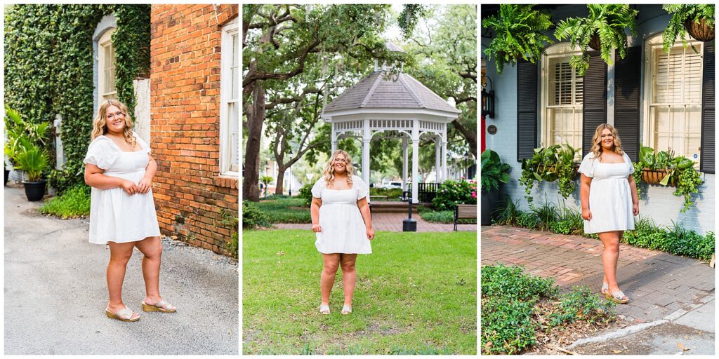 This image collage features three senior portraits showcasing a classic and charming white dress look in various picturesque Savannah settings:

Left Image:
The senior stands in a narrow alleyway with ivy-covered brick walls and potted palms adding rich texture and greenery to the scene. She’s smiling softly, hands gently clasped, wearing a short white eyelet dress with puffed sleeves and wedge sandals. Her loose waves and relaxed pose give the portrait a warm, easygoing feel.
Center Image:
Set in a small park, she stands confidently on a grassy lawn in front of a white gazebo framed by old oak trees and manicured gardens. Her dress flows naturally and her stance is centered and grounded, giving the photo a timeless, traditional senior session vibe with Southern elegance.
Right Image:
She poses on a brick walkway in front of a light blue house with black shutters and overflowing window boxes of lush green ferns and trailing vines. The soft lighting and tidy backdrop highlight her bright white dress and natural smile, creating a clean, polished final image in a classic Savannah residential setting.