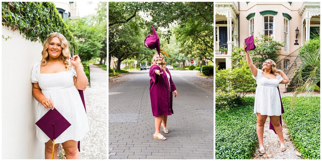 This image collage captures joyful senior graduation moments with a blend of celebration and Southern charm:

Left Image:
The senior stands against a vine-covered wall, softly smiling at the camera. She wears a crisp white eyelet dress with puff sleeves and holds a deep purple graduation cap in one hand, the tassel adding a celebratory touch. Her hair is styled in loose curls, and the greenery beside her brings texture and color contrast to the clean white background.
Center Image:
In the middle of a tree-lined, cobblestone street, she confidently tosses her cap toward the camera. She’s wearing her full maroon cap and gown over her white dress and wedge sandals. Her joyful expression and the motion of the flying cap create a dynamic, fun moment that radiates achievement.
Right Image:
In a lush garden courtyard in front of a historic cream-colored home, she raises her graduation cap triumphantly while smiling upward. Her maroon gown is draped behind her, and she still wears the same white dress and wedges. The surrounding greenery and architectural details create a perfectly classic Savannah scene.