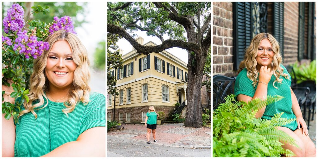 This image collage features three relaxed and vibrant senior portraits in downtown Savannah, showcasing a fun and approachable everyday outfit:

Left Image:
A close-up portrait framed by bright purple crepe myrtle blossoms. The senior smiles brightly at the camera, her loose blonde curls softly framing her face. She’s wearing a textured green knit top that contrasts beautifully with the floral background, creating a cheerful and colorful image.
Center Image:
A wide-angle street scene with the senior standing confidently on a brick crosswalk in front of a stately yellow historic building with black shutters. She wears the same green top paired with black shorts and slip-on sandals. Her pose is strong and casual, adding personality to the classic Savannah architecture around her.
Right Image:
Seated on a wrought-iron bench beside a red brick wall and surrounded by potted ferns, the senior rests her chin lightly on her hand with a sweet, relaxed smile. The repeating pattern of the ferns, shutters, and brick provides visual interest, while her pose and expression keep the focus on her natural charm.