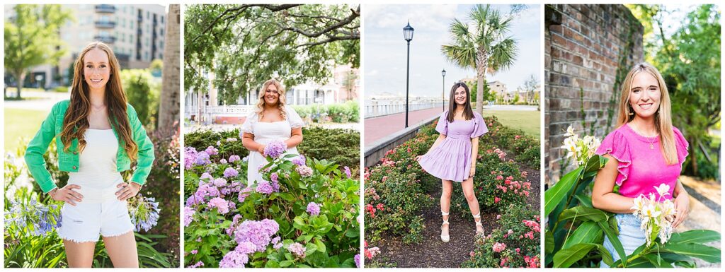 This image is a collage of four portraits of young women, each styled in bright, summery outfits and posed in outdoor garden or waterfront settings.
First (far left):
A woman stands confidently among flowers with buildings in the background. She’s wearing a cropped green jacket over a white top, paired with white denim shorts. The look is fresh and casual, with a pop of color from the jacket.
Second (middle-left):
A woman poses in a garden surrounded by blooming hydrangeas in shades of pink and purple. She’s wearing a white dress with puffed sleeves, creating a romantic and feminine vibe that matches the floral setting.
Third (middle-right):
A woman stands near a waterfront lined with roses and palm trees. She’s wearing a lavender short-sleeve dress with a tiered skirt and white lace-up espadrilles. Her pose, lightly holding her skirt, adds movement and a playful energy.
Fourth (far right):
A woman stands beside large tropical plants and a brick wall. She’s wearing a bright pink short-sleeve top with ruffled details, tucked into high-waisted light blue denim shorts. The bold color contrasts beautifully with the greenery around her, making the look vibrant and lively.
Overall, this collage showcases cheerful, youthful summer fashion with a mix of casual denim, feminine dresses, and pops of bright color, all highlighted in lush outdoor backdrops.