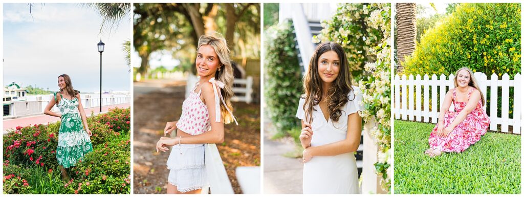 This image is a collage of four portraits of young women, each styled differently and photographed outdoors in colorful, sunlit settings.
First (far left):
A woman stands among blooming rose bushes near a waterfront walkway. She’s wearing a green-and-white patterned midi sundress with spaghetti straps. The backdrop of flowers, water, and a lamppost gives the photo a breezy, coastal vibe.
Second (middle-left):
A young woman poses casually on a shaded dirt path lined with trees. She’s wearing a light, summery outfit: a pink floral sleeveless top with ribbon tie straps, paired with tiered white shorts. Her relaxed smile and soft golden light make the portrait feel playful and fresh.
Third (middle-right):
A woman is photographed near flowering vines and a white staircase. She’s wearing a simple, elegant white dress with flutter sleeves. Her expression is calm, and the greenery around her gives the photo a timeless, classic charm.
Fourth (far right):
A woman sits on the grass in front of a white picket fence and a large flowering bush with vibrant yellow blooms. She’s wearing a flowing pink floral maxi dress. Her seated pose and bright smile give the portrait a relaxed and cheerful feel.
Overall, this collage highlights a mix of playful, classic, and vibrant summer looks, with each portrait emphasizing both the outfit and the natural, colorful environment.