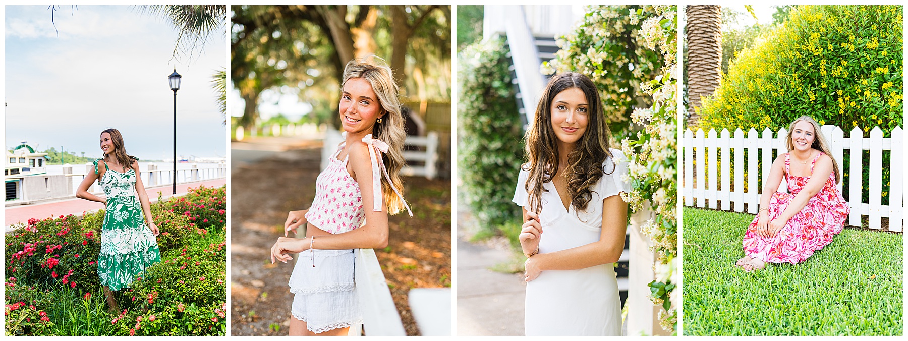 This image is a collage of four portraits of young women, each styled differently and photographed outdoors in colorful, sunlit settings. First (far left): A woman stands among blooming rose bushes near a waterfront walkway. She’s wearing a green-and-white patterned midi sundress with spaghetti straps. The backdrop of flowers, water, and a lamppost gives the photo a breezy, coastal vibe. Second (middle-left): A young woman poses casually on a shaded dirt path lined with trees. She’s wearing a light, summery outfit: a pink floral sleeveless top with ribbon tie straps, paired with tiered white shorts. Her relaxed smile and soft golden light make the portrait feel playful and fresh. Third (middle-right): A woman is photographed near flowering vines and a white staircase. She’s wearing a simple, elegant white dress with flutter sleeves. Her expression is calm, and the greenery around her gives the photo a timeless, classic charm. Fourth (far right): A woman sits on the grass in front of a white picket fence and a large flowering bush with vibrant yellow blooms. She’s wearing a flowing pink floral maxi dress. Her seated pose and bright smile give the portrait a relaxed and cheerful feel. Overall, this collage highlights a mix of playful, classic, and vibrant summer looks, with each portrait emphasizing both the outfit and the natural, colorful environment.