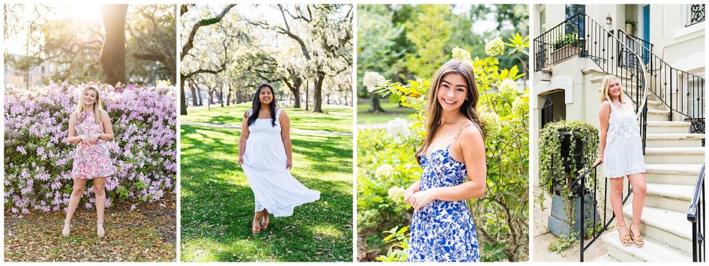 This image is a collage of four portraits of young women, each captured in bright outdoor settings that highlight spring and summer vibes.
First (far left):
A young woman stands in front of a wall of blooming pink flowers. She’s wearing a pink floral sleeveless dress with nude wedge sandals. The sunlight shining through the trees behind her gives the photo a soft, warm glow.
Second (middle-left):
A woman walks barefoot in a park with tall oak trees in the background. She’s wearing a long, flowy white dress with wide straps and a relaxed, bohemian look. She has a natural smile and looks carefree in the green, open space.
Third (middle-right):
A young woman stands in front of bright yellow-green foliage. She’s wearing a strappy blue-and-white floral sundress. Her hair is down, and she’s smiling directly at the camera, giving the portrait a cheerful and radiant feel.
Fourth (far right):
A woman poses on a set of outdoor white stone steps with black iron railings. She’s wearing a sleeveless white lace dress with blue vertical stripes, paired with tan wedge sandals. The setting feels elegant and classic, adding a slightly more formal feel to her portrait.
Overall, this collage showcases light, airy fashion with floral and white dresses, photographed in natural, sunlit backdrops that emphasize a fresh, youthful, and seasonal mood.
