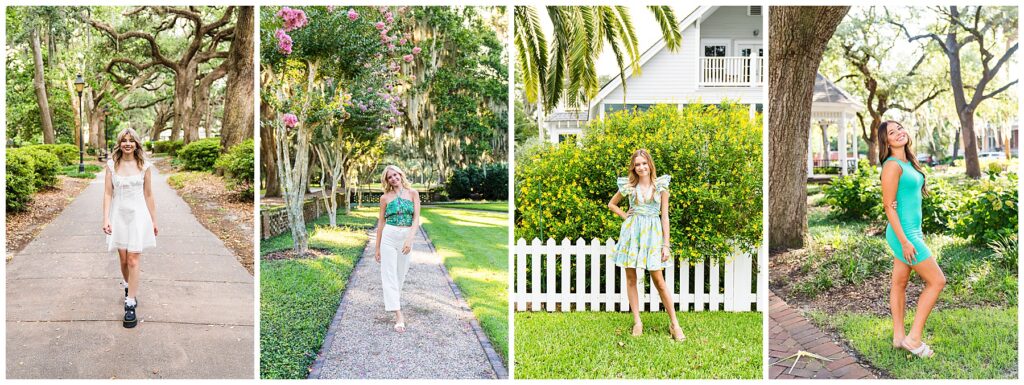 This image is a collage made up of four portraits of young women, each styled and posed differently in outdoor settings, giving a bright and summery feel.
First (far left):
A young woman in a short white sundress is walking confidently down a tree-lined path with large oak trees in the background. She’s smiling and wearing black platform shoes with white socks, giving her look a trendy, casual edge.
Second (middle-left):
A woman is standing on a garden pathway lined with trees and flowering plants. She’s wearing a green patterned halter top and high-waisted white pants with sandals. Her relaxed pose and cheerful smile match the lush, colorful surroundings.
Third (middle-right):
A young woman poses in front of a white picket fence with vibrant yellow flowers and palm fronds behind her. She’s wearing a pastel floral dress with ruffled sleeves, giving off a sweet, feminine, and playful vibe.
Fourth (far right):
A woman in a fitted turquoise mini dress stands on a brick path with greenery and trees around her. She’s slightly turned to the side, smiling brightly, and wearing wedge sandals, creating a fun and confident look.
Overall, the collage highlights different styles of summer fashion (casual, chic, feminine, and bold) in bright, natural outdoor settings.