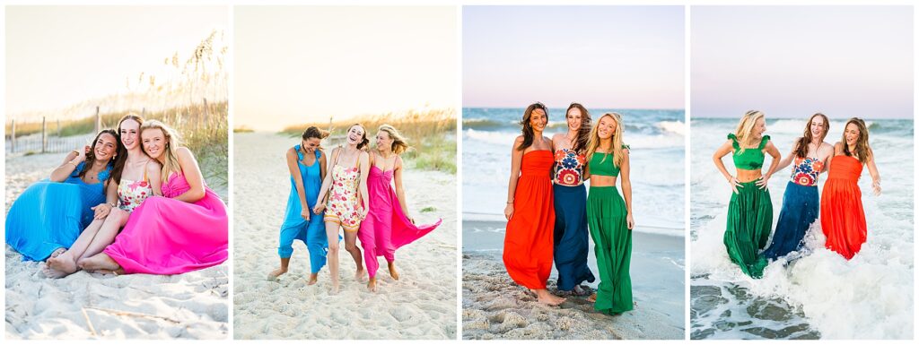 This collage showcases a joyful and vibrant beach senior photo session filled with color, movement, and friendship.
First Image (Far Left)
Three young women sit close together on the sandy dunes at golden hour. One wears a bright blue dress, another a floral sundress, and the third a flowing hot pink dress. Their closeness and smiles create a warm, connected moment.
Second Image (Left Center)
The same trio is captured walking barefoot along the beach, laughing with the wind in their hair. Their bright dresses flow naturally, adding motion and energy to the photo.
Third Image (Right Center)
Now in different outfits—red, green, and a bold patterned top with navy pants—the friends stand confidently by the shoreline. The soft evening sky and waves behind them create a serene yet bold backdrop.
Fourth Image (Far Right)
The group splashes playfully in the surf, holding up their skirts as the waves crash around them. Their laughter and carefree energy highlight the fun and spontaneity of the session.
The collage as a whole blends natural beauty, vibrant styling, and authentic friendship, making it an ideal representation of a Tybee senior photoshoot at the beach.
