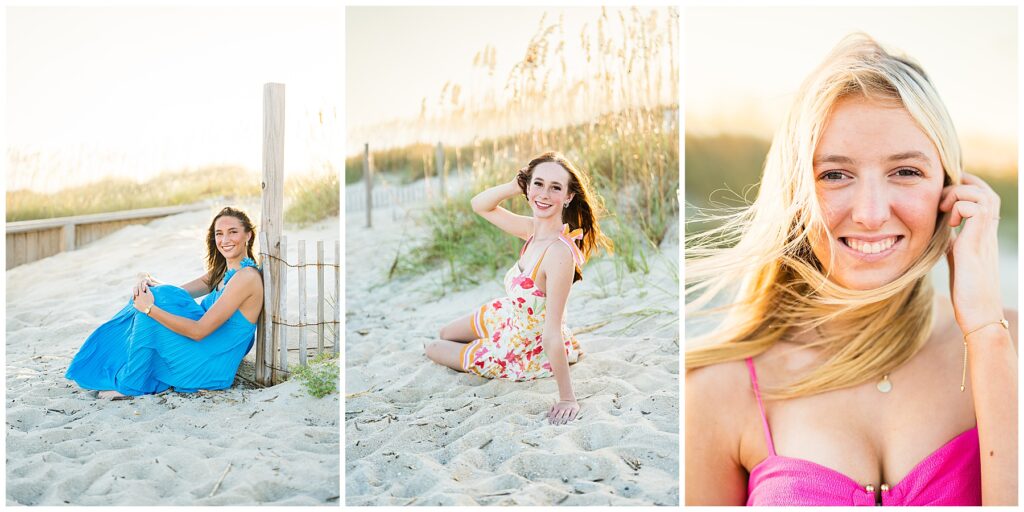 This collage features three radiant senior portraits taken on the beach at golden hour, highlighting natural light and carefree beauty.
Left Image
A young woman in a flowing blue dress sits against a wooden dune fence, barefoot in the sand. The soft sunset glow adds warmth to her relaxed, serene expression.
Center Image
Another young woman poses playfully in a floral sundress, seated in the sand with sea oats swaying behind her. Her hand sweeps back her hair as she smiles brightly, capturing a fun, carefree moment.
Right Image
A close-up portrait of a blonde young woman in a bold pink dress showcases her natural smile, with her hair catching the breeze. The golden light enhances the softness and warmth of the image.
The trio of portraits together blends elegance, natural beauty, and personality, making them a perfect highlight for a Tybee senior photos session by the beach.