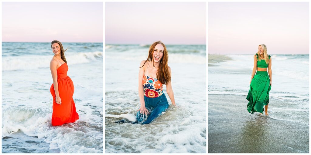 This collage captures three vibrant senior portraits at the beach, each full of color, energy, and personality.
Left Image
A young woman in a bold red strapless dress stands gracefully in the surf, the waves rolling around her feet. She looks off to the side with a serene smile, framed by the soft pastel hues of the evening sky.
Center Image
Another young woman sits playfully in the shallow waves, laughing joyfully. She wears a colorful patterned top paired with flowing blue pants, her carefree expression perfectly matching the movement of the ocean around her.
Right Image
The third young woman walks barefoot along the shoreline in a vibrant green two-piece dress. Holding her skirt slightly above the water, she smiles warmly, capturing a mix of elegance and relaxed fun.
Together, these portraits highlight the beauty of Tybee senior photos at golden hour—combining bold wardrobe choices, ocean waves, and candid laughter for a truly memorable session.