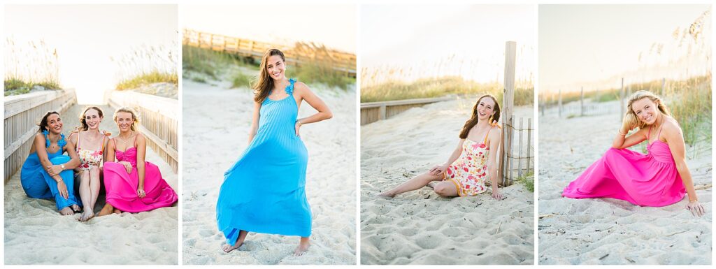 This collage presents a light-filled and joyful senior photo session on the beach, blending group and individual portraits.
First Image (Far Left)
Three friends sit together barefoot on a sandy beach walkway, framed by wooden railings. One wears a bright blue dress, one a floral sundress, and one a bold pink dress. Their relaxed smiles capture a sense of closeness and carefree fun.
Second Image (Left Center)
A young woman in a flowing blue dress stands barefoot in the sand, her dress billowing slightly in the breeze. She smiles confidently, embodying both elegance and ease.
Third Image (Right Center)
Another young woman poses in a floral sundress while seated casually in the sand beside a wooden dune fence. Her playful expression and natural posture add a lively, youthful feel.
Fourth Image (Far Right)
The final portrait features a young woman in a vibrant pink gown, seated gracefully on the sand with a soft, warm smile. The golden evening light highlights her features and creates a dreamy, glowing backdrop.
Together, these images highlight the color, connection, and natural beauty of a coastal senior session—perfectly suited for showcasing Tybee senior photos.