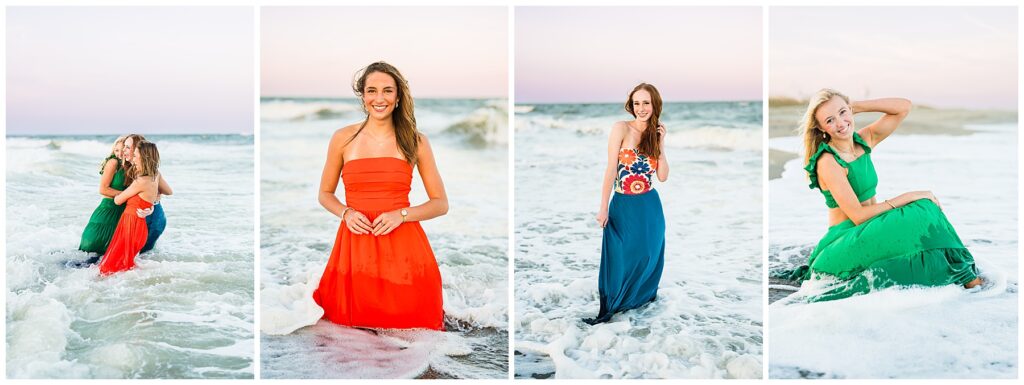 This collage captures a vibrant and carefree beach senior session filled with laughter, color, and ocean waves.
First Image (Far Left)
Three friends embrace while standing in the surf, their dresses in green, red, and blue splashing in the waves. Their closeness and joyful expressions highlight the fun and friendship of the moment.
Second Image (Left Center)
A young woman in a strapless red dress kneels gracefully in the foamy waves. She smiles warmly at the camera, the soft pastel sky behind her creating a dreamy backdrop.
Third Image (Right Center)
Another young woman, wearing a colorful floral-patterned top and flowing blue skirt, stands in the water. She tilts slightly with a playful, confident smile, framed by the rolling tide.
Fourth Image (Far Right)
Seated in the shallow surf, a blonde young woman in a bright green two-piece dress smiles with one hand brushing her hair. The gentle waves swirl around her, adding motion and energy to the portrait.
Together, these images highlight the beauty and personality of a Tybee senior photoshoot at sunset, combining bold fashion choices with the natural magic of the beach.