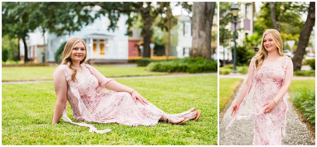 This image is a collage of two photos featuring the same young woman in an outdoor park-like setting.
Left photo: The woman is sitting gracefully on a well-kept grassy lawn with one arm propped behind her and the other resting on her knee. She is wearing a long, soft pink floral dress with lace details and thin straps. Her blonde hair is styled in loose waves, and she wears a subtle pearl necklace. In the background, pastel-colored houses and large trees create a calm, Southern neighborhood atmosphere.
Right photo: The woman is walking along a narrow gravel path, looking confident and smiling softly. Her dress flows slightly with her movement, and she appears relaxed and natural. The background features greenery, trees, and a lamppost, adding charm to the scene.
Overall, the image conveys a serene and elegant vibe, highlighting the subject’s grace and confidence in a beautiful outdoor environment.
