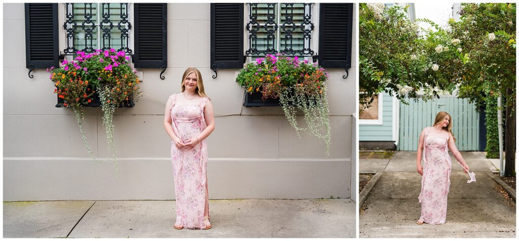 This image collage features two photos of a young woman posing outdoors in a charming urban setting.
Left photo: The woman stands in front of a beige wall with two windows, each adorned with black shutters and ornate black iron grilles. Beneath the windows are flower boxes overflowing with colorful blooms — including bright pink, orange, and green foliage — that cascade down the wall. She is wearing a long, soft pink floral dress with lace detailing and thin straps, paired with sandals and a pearl necklace. She has a calm, pleasant expression, her hands gently clasped in front of her.
Right photo: The woman is walking along a narrow paved path lined with low greenery and overhanging trees covered in white blossoms. She looks off to the side with a lighthearted smile, her hair gently flowing as she holds part of her dress in one hand. In the background, there’s a light blue house with white trim and a matching gate, adding a cozy neighborhood feel to the scene.
Overall, the image captures a warm, graceful, and summery atmosphere with a balance of elegance and natural charm.