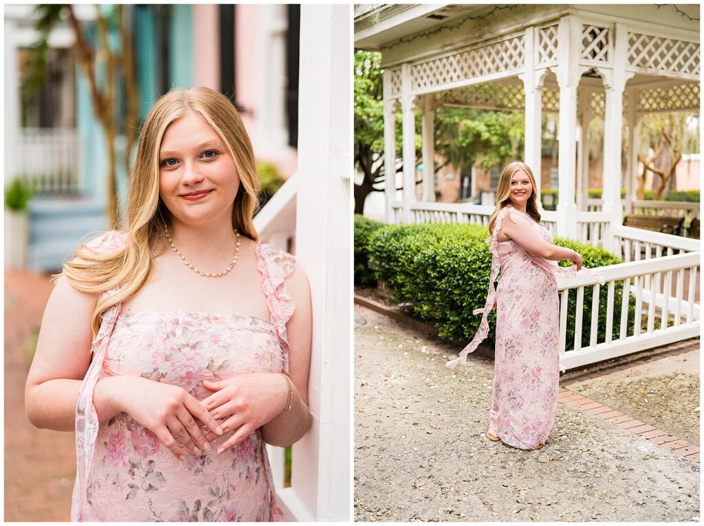 This image collage features two portraits of a young woman in a peaceful outdoor setting with charming Southern-style architecture.
Left photo: The woman is shown from the waist up, standing beside a white wooden structure, possibly a porch post. She is wearing a soft pink floral lace dress and a delicate pearl necklace, with her blonde hair styled in loose waves. Her expression is calm and friendly, and the background shows pastel-colored buildings — one blue and one pink — adding a bright, cheerful atmosphere.
Right photo: The woman is standing near a white gazebo surrounded by lush greenery. She looks over her shoulder with a gentle smile, her dress flowing softly and lace ribbons trailing from her shoulders. The setting has a romantic, timeless feel, with the gazebo’s latticework and the surrounding bushes enhancing the elegant, classic aesthetic.
Overall, the image conveys warmth, grace, and a touch of Southern charm, highlighting the subject’s soft, natural beauty in an inviting environment.