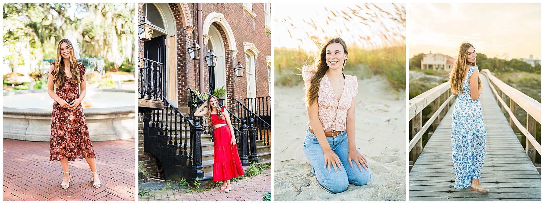 This image is a collage of four outdoor portraits featuring young women in different scenic locations, each wearing stylish outfits and radiating a bright, natural charm. First photo (left): A young woman stands in front of a fountain surrounded by trees draped with Spanish moss. She is wearing a brown floral midi dress and white heels, smiling softly with her hands clasped in front of her. The sunlight and lush greenery create a warm, classic Southern atmosphere. Second photo: The woman poses on a brick sidewalk in front of a historic red-brick building with black railings and gas-style lanterns. She’s dressed in a vibrant red two-piece outfit with a cropped top and tiered skirt, looking cheerful and confident as she leans slightly against the railing. Third photo: A young woman kneels on sandy dunes at the beach, with tall sea grass swaying behind her. She wears a light pink floral blouse and light blue jeans, accessorized with a brown belt. The golden hour lighting gives this scene a soft, glowing warmth as she smiles brightly. Fourth photo (right): The woman stands barefoot on a wooden boardwalk leading toward the beach, turning slightly over her shoulder with a gentle smile. She wears a flowing blue-and-white floral dress, and the background features coastal vegetation and pastel skies at sunset, evoking a peaceful, summery vibe. Overall, the collage captures a variety of backdrops — from historic urban streets to the natural beauty of the beach — highlighting joyful and relaxed portraits with a warm, inviting tone.