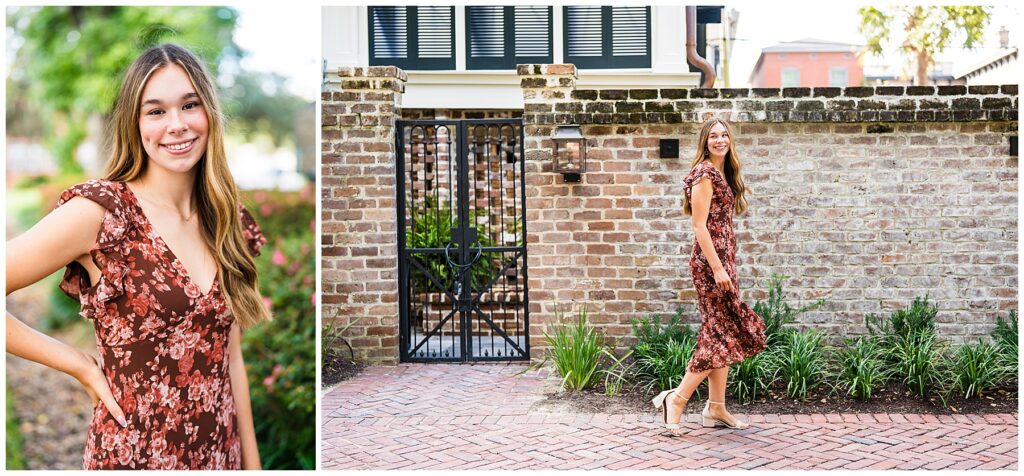 This image collage features two portraits of a young woman in an outdoor, charmingly historic setting.
Left photo: The young woman is captured in a close-up portrait, smiling warmly at the camera. She has long, light brown hair worn loose and natural, and she’s dressed in a brown floral dress with soft red and pink flower patterns. The background shows greenery and blooming bushes, softly blurred to emphasize her face and expression.
Right photo: The woman is walking along a brick pathway beside a rustic brick wall with a black iron gate and lantern. She’s mid-step, looking back with a joyful smile, her hair gently flowing. Her dress moves lightly with her stride, and she wears beige heeled sandals that complement the warm tones of her outfit and the earthy brick backdrop.
Overall, the images convey a cheerful, relaxed, and elegant mood with a blend of natural beauty and classic Southern architecture.