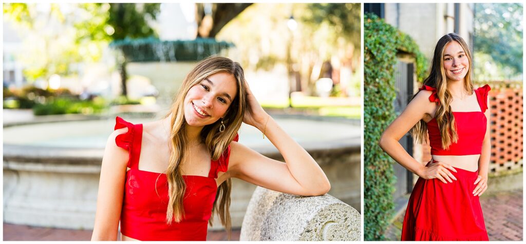This image collage features two portraits of a young woman posing confidently outdoors in a bright, sunny setting.
Left photo: The woman is leaning casually against a stone fountain edge with her head tilted slightly and a cheerful smile. She is wearing a vibrant red crop top with ruffled straps and matching earrings that add a touch of elegance. Her long, light brown hair falls naturally over her shoulders, and the background is softly blurred, showcasing greenery and warm sunlight filtering through trees.
Right photo: The woman stands on a brick path lined with ivy-covered walls, posing with one hand on her hip and the other relaxed at her side. She’s wearing the same red outfit — a fitted crop top and matching tiered skirt — exuding confidence and style. The lighting highlights her natural complexion and warm tones in her hair, while the background adds texture with brick and greenery.
Overall, the photos capture a lively, confident mood with a mix of urban charm and sunny warmth, emphasizing the subject’s joyful and stylish personality.