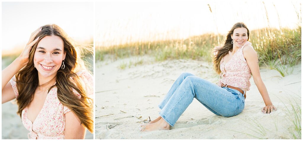 This image collage features two sunlit portraits of a young woman at the beach during golden hour, capturing a relaxed and joyful atmosphere.
Left photo: The woman is shown in a close-up portrait, smiling warmly with one hand brushing her hair back. Her long, light brown hair catches the soft sunlight, and she’s wearing a light floral blouse with short sleeves and a v-neckline. The background is softly blurred, showing sand and dune grass bathed in a golden glow.
Right photo: She’s sitting casually on the sand with one hand supporting her and the other resting on her knee, barefoot and looking toward the camera with a happy, carefree expression. She wears the same floral top paired with light blue jeans and a brown belt. Behind her, tall beach grass sways gently in the breeze under the warm light of the setting sun.
Overall, the photos convey a lighthearted, natural beauty and an easygoing coastal vibe, with soft colors and warm tones that emphasize the golden-hour glow.