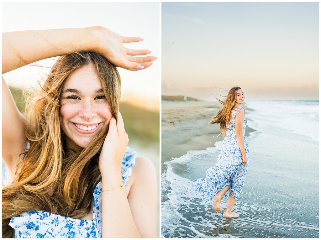 This image collage features two bright and joyful portraits of a young woman at the beach during sunset, capturing a carefree and radiant mood.
Left photo: A close-up of the woman smiling warmly at the camera. She holds one arm above her head while the other gently touches her hair, which is tousled by the ocean breeze. She’s wearing a light blue and white floral dress, and the golden sunlight highlights her natural glow. The soft, blurred background of sand dunes and sky enhances the dreamy coastal feel.
Right photo: The woman is walking barefoot along the shoreline, looking back over her shoulder with a happy, relaxed expression. Her long dress flows beautifully in the breeze as gentle waves lap at her feet. The sky is softly lit with pastel tones, creating a peaceful, serene atmosphere.
Overall, the image conveys a sense of freedom, confidence, and joy — blending natural beauty with the tranquil charm of the seaside at golden hour.