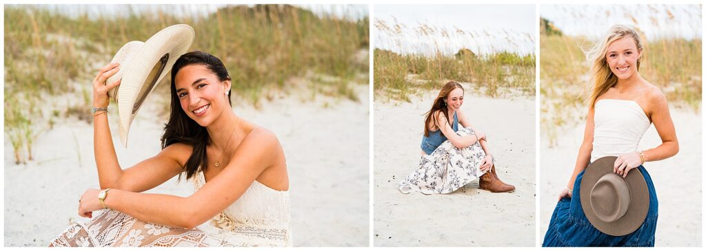 This image collage features three portraits of young women taken on a sandy beach, each exuding a relaxed and natural charm. Left photo: A woman sits on the sand with tall beach grass behind her, smiling warmly at the camera while holding a light-colored sun hat above her head. She wears a cream lace dress and simple jewelry, and the soft lighting enhances her natural glow. Middle photo: Another woman sits cross-legged on the sand, laughing with her gaze turned slightly downward. She wears a denim vest over a flowy white skirt with a floral print and brown cowboy boots. The setting feels candid and carefree, with dune grass gently framing the background. Right photo: A third woman stands smiling confidently, holding a tan wide-brimmed hat in one hand. She’s dressed in a white strapless top and a long blue skirt, her blonde hair blowing lightly in the sea breeze. Overall, the collage captures a warm, coastal, and rustic aesthetic, blending soft beach tones with natural beauty and a touch of country style.