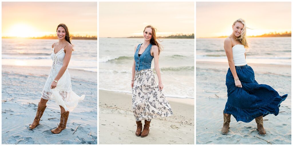 This image collage features three young women posing individually on a sandy beach at sunset, each radiating warmth, joy, and confidence. Left photo: The woman wears a sleeveless cream lace dress with intricate detailing and brown cowboy boots. She smiles brightly while walking along the shore, with the setting sun casting a soft golden glow behind her. The gentle breeze adds movement to her dress and hair. Middle photo: The second woman stands near the waterline wearing a denim vest paired with a long cream skirt patterned with black floral designs. Her hair blows lightly in the wind as she smiles at the camera, the waves and pastel-colored sky creating a serene backdrop. Right photo: The third woman is dressed in a white strapless top and a flowing blue maxi skirt, also paired with cowboy boots. She holds part of her skirt as it catches the wind, smiling softly against the orange-pink hues of the sunset. Together, the trio’s portraits convey a cohesive theme of coastal charm and carefree elegance, blending rustic style with the natural beauty of the seaside at golden hour.