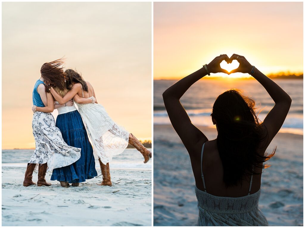 This image collage beautifully captures friendship, joy, and the serenity of a beach sunset. Left photo: Three young women, dressed in flowing boho-style outfits with lace, denim, and cowboy boots, are seen embracing each other in a playful group hug on the beach. Their hair blows in the wind as one of them lifts a leg mid-laugh, adding a sense of movement and carefree happiness. The soft golden sky and ocean waves in the background create a warm, heartfelt atmosphere. Right photo: A single woman is silhouetted against the glowing sunset, standing on the sand with her arms raised above her head, hands forming the shape of a heart around the setting sun. The image radiates peace and appreciation, symbolizing love and connection to nature and the moment. Together, the two photos convey themes of friendship, joy, and gratitude — perfectly blending natural beauty with human warmth at golden hour.