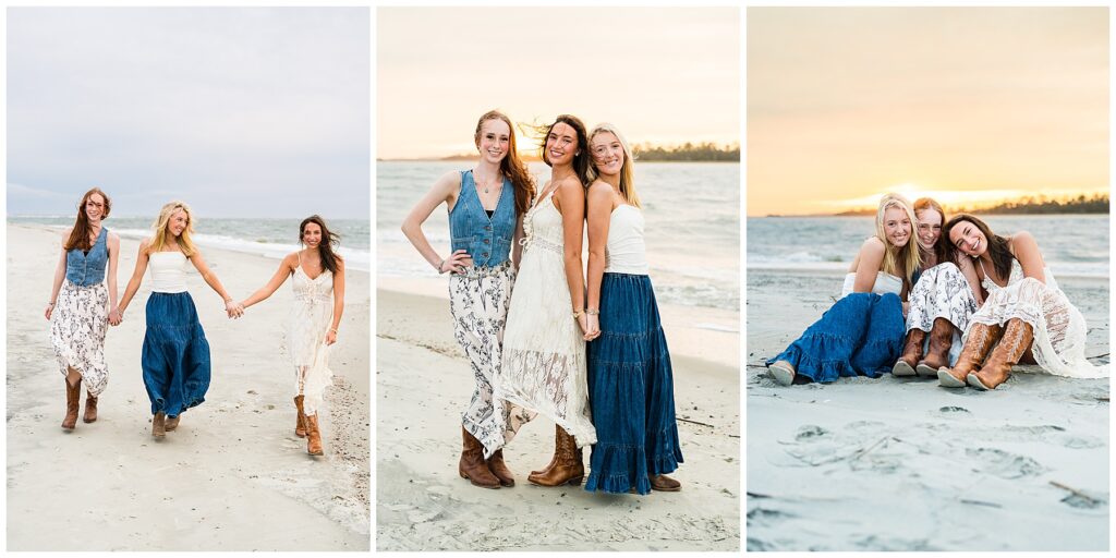 This image collage shows three young women enjoying a beautiful day at the beach together, capturing their friendship in a series of warm, joyful moments near the shoreline. Left photo: The three women are walking hand in hand along the sand, smiling and laughing as the ocean waves roll in beside them. Their outfits — light, bohemian-inspired dresses and skirts paired with cowboy boots — give off a relaxed, country-chic vibe. Middle photo: The women stand close together, facing the camera with big smiles as the sun sets behind them. The golden light casts a soft glow on their hair and clothing, creating a dreamy, coastal atmosphere. The beach and distant treeline complete the serene backdrop. Right photo: The trio sits together on the sand, leaning in affectionately with their heads touching and their legs stretched out in front of them. They look happy and relaxed, framed by the soft pastel colors of the sunset sky and the calm ocean beyond. Overall, the collage conveys a sense of genuine friendship, warmth, and carefree joy — perfectly capturing the beauty of shared moments at the beach.