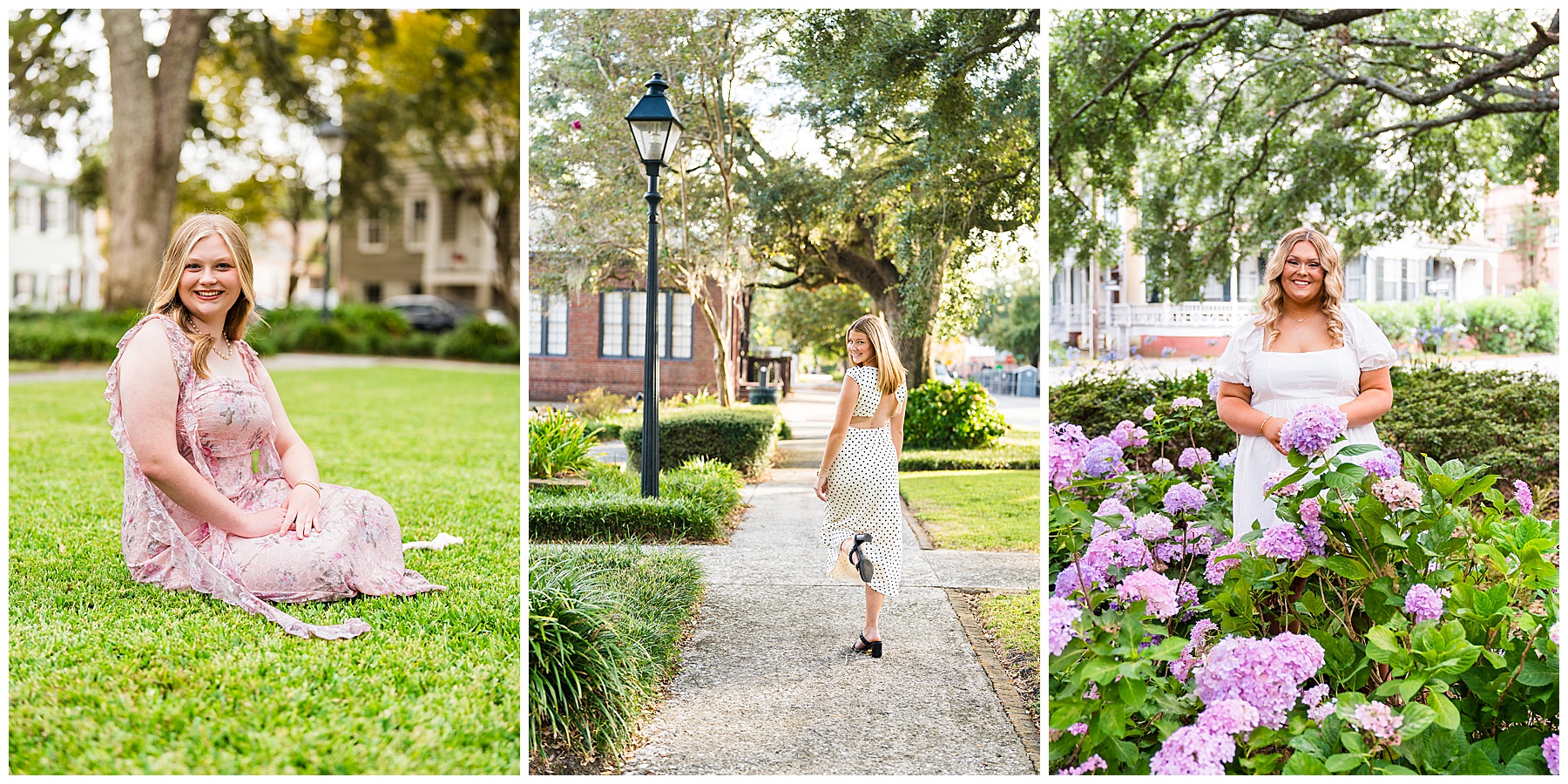 This image is a three-panel collage of outdoor portraits taken in a leafy, residential neighborhood, giving a soft, natural, and serene feel. Left panel: A young woman sits on a green lawn wearing a light pink, floral-patterned dress. She smiles gently at the camera with her hands resting in her lap. Large trees and charming houses blur softly in the background, creating a calm, springlike atmosphere. Center panel: Another woman walks along a sunlit sidewalk lined with grass, shrubs, and mature trees. She wears a white dress with black polka dots and dark shoes, glancing back over her shoulder with a bright smile. A classic streetlamp and brick buildings add a quaint, neighborhood charm to the scene. Right panel: The final portrait shows a woman standing behind a lush bush of blooming purple hydrangeas. She wears a white dress with short puff sleeves and smiles warmly at the camera. The greenery, flowers, and softly lit homes in the background give the image a romantic, garden-inspired feel. Overall, the collage highlights different personalities and styles in a peaceful outdoor setting, emphasizing natural light, greenery, and a fresh, elegant mood.